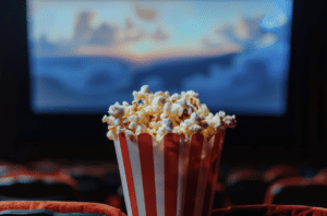 Popcorn in a paper container in the foreground of a movie screen